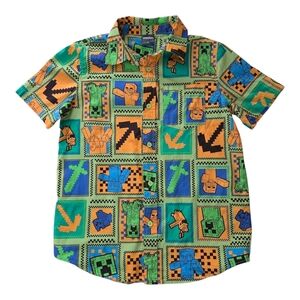 Boys' Minecraft Cotton Button-Up L Shirt With All Over Characters